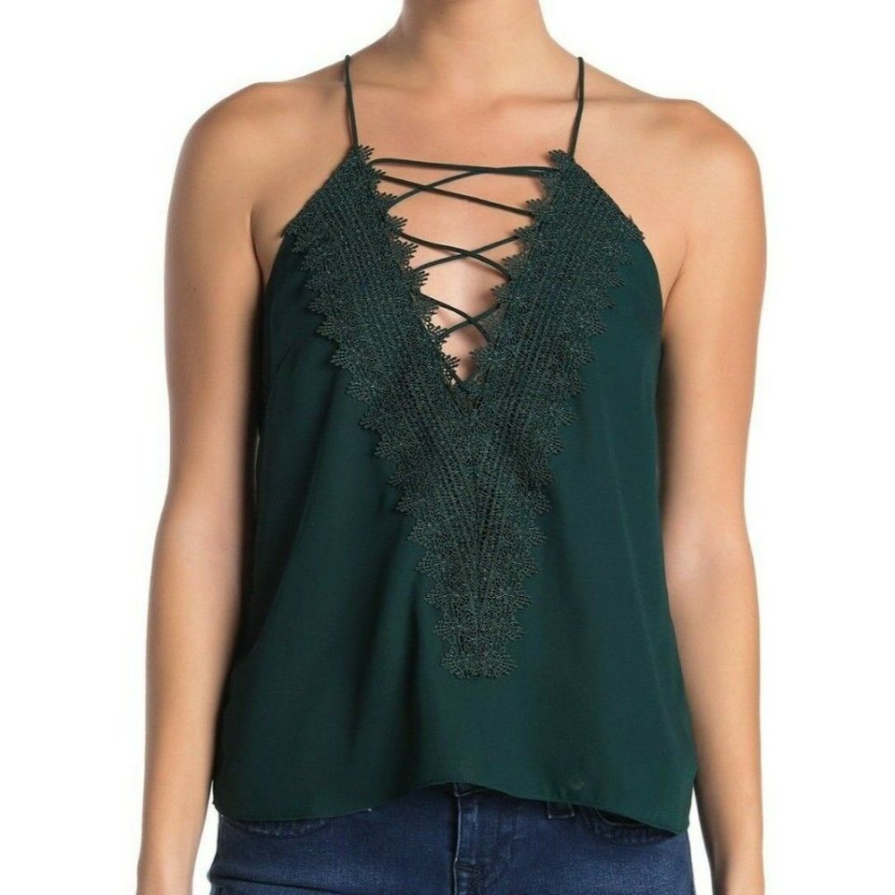 WAYF Camisole Top Hunter Green Size L Posie Deep Lace V-Neck Sleeveless